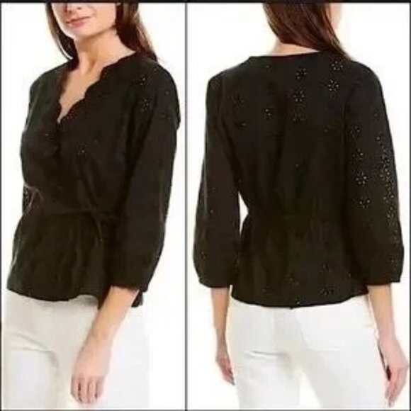 Madewell Black Scalloped Eyelet Wrap Top - Picture 1 of 7